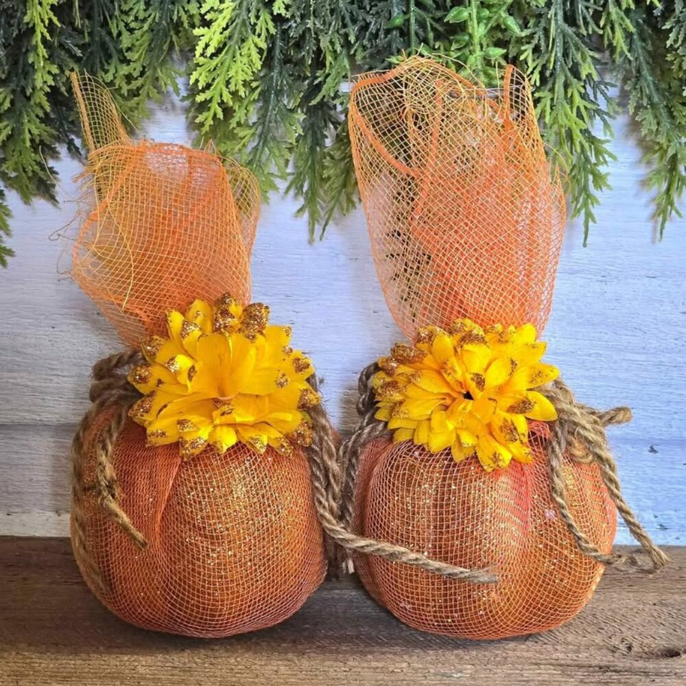 2 Glitter Orange Mesh Pumpkin Jute Sunflower Fall Harvest Halloween Decorations